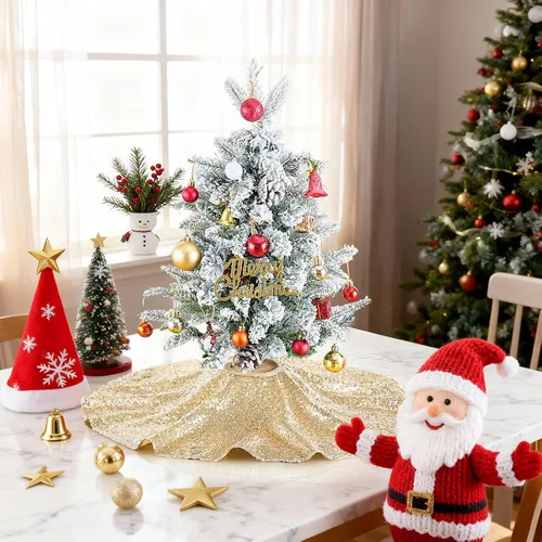 Vista 3 de Faldón para Árbol de Navidad 24 Pulgadas Redondo de Champán, Faldón Pequeño para Árbol de Navidad, Adornos de Navidad Lentejuelas para Fiesta de Año