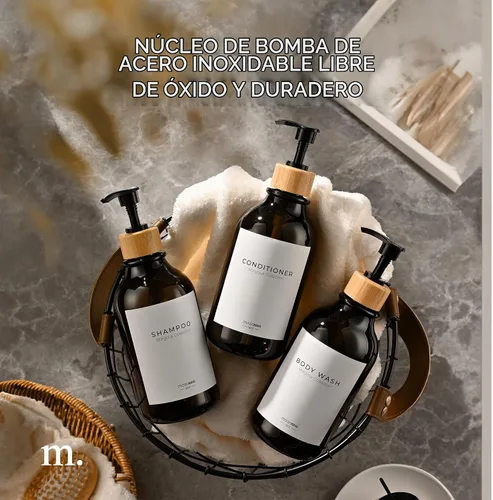 Vista 4 de MaisoNovo Botellas recargables de champú y acondicionador Juego de 3 botellas de plástico ámbar de 16.9 fl oz con bombas de bambú negras