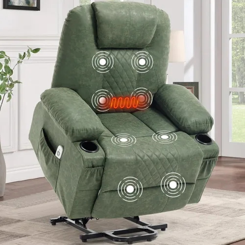Vista 10 de Mecedora reclinable giratoria de piel sintética con portavasos para calor y masaje, silla mecedora con relleno, silla reclinable con calefacción
