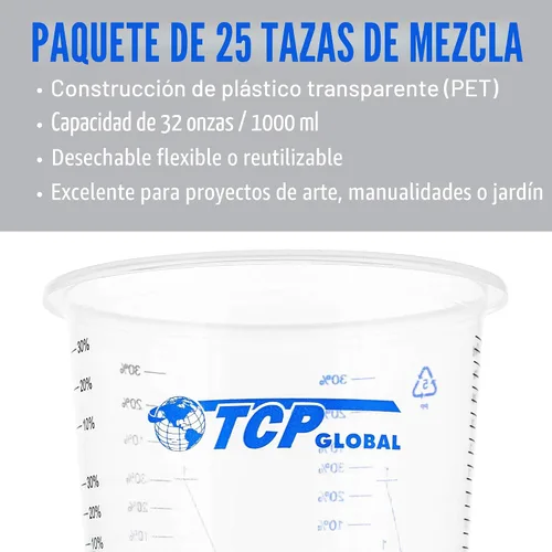 Vista 4 de TCP Global Vasos mezcladores de plástico graduados de 32 onzas (33.8 fl oz) (caja de 25) – Vasos medidores de plástico desechables para líquidos