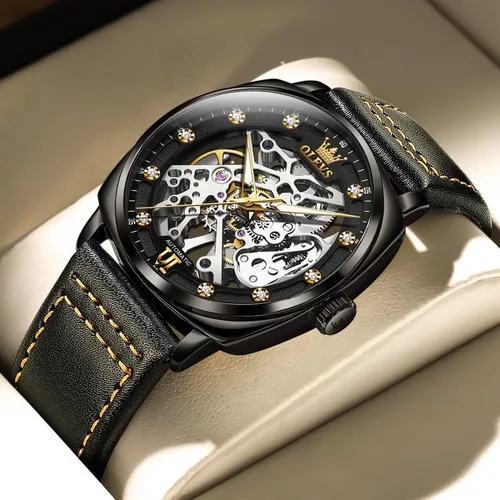 Vista 2 de OUPINKE Relojes automáticos de esqueleto para hombre, mecánica, cuerda automática, correa de cuero elegante, estilo steampunk, luminoso
