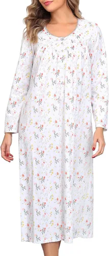 Vista 16 de Camisones largos de algodón para mujer, 100% algodón, vestido de noche de manga larga para mujer, ropa de dormir vintage A rosa