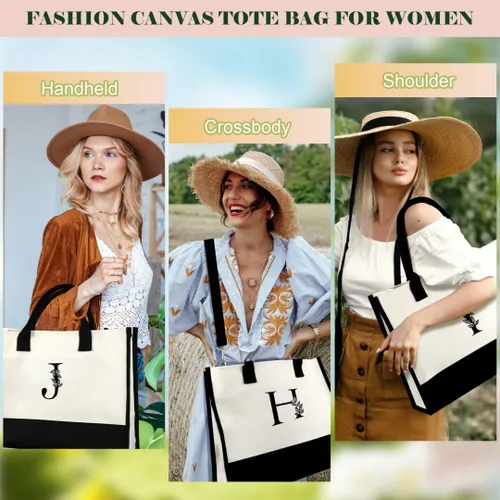 Vista 5 de AUNOOL Bolsa de playa con inicial con cremallera y bolsillos, regalos con monograma para mujeres, regalos personalizados para profesores, mamá
