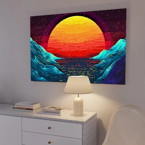 Vista 7 de Original Retro Wave at Sunset Painting Art on Canvas, Magical Sun Printing Canvas Sets, Pixeles Graphics Canvas Wall Art Print Poster For Home