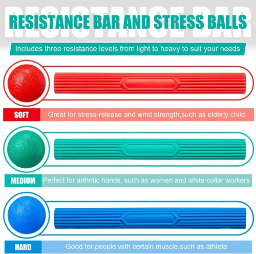 Vista 3 de Silipull 3 barras ejercitadoras de mano con 3 pelotas de ejercicio de mano, barras de resistencia para terapia física, bolas flexibles de codo
