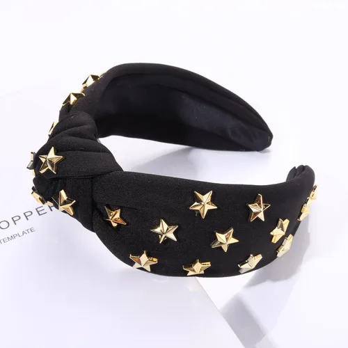 Vista 2 de ARATLENCH Diadema anudada con estrellas doradas y tachonadas con nudo en la parte superior ancha, diadema para Navidad, Año Nuevo, vacaciones