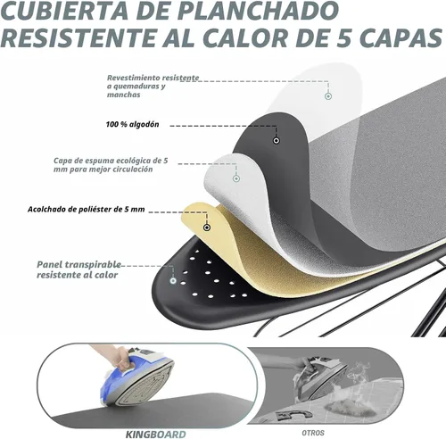 Vista 4 de KINGBOARD Tabla de planchar, tabla de planchar compacta de tamaño completo con cubierta extragruesa, soporte de 7 alturas ajustables con colgador