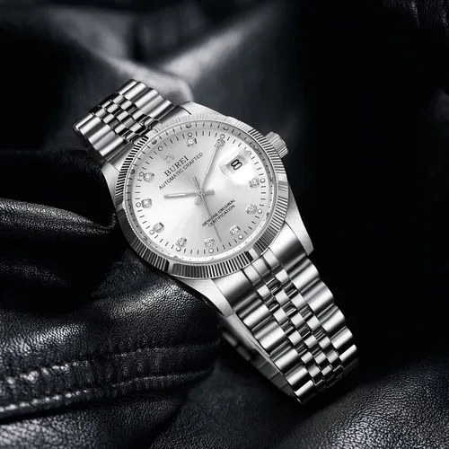 Vista 2 de BUREI Reloj automático para hombre, con fecha, pulsera de acero inoxidable, pulsera ajustable para hombre
