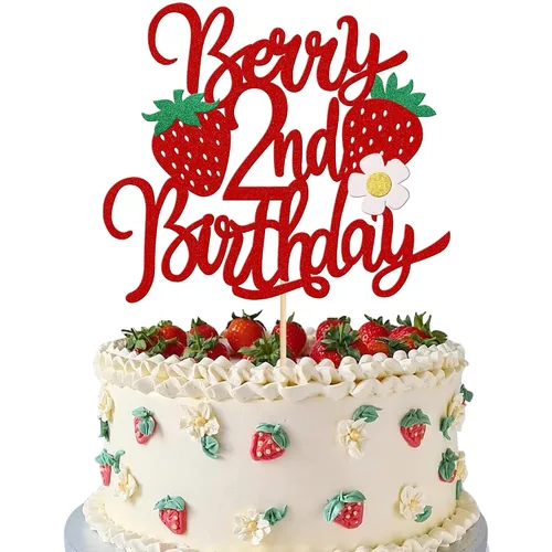 Vista 9 de 24 piezas de adornos para cupcakes de fresa, purpurina roja, temas de frutas, bayas y fresas, para verano, dulces, baby shower, fiesta