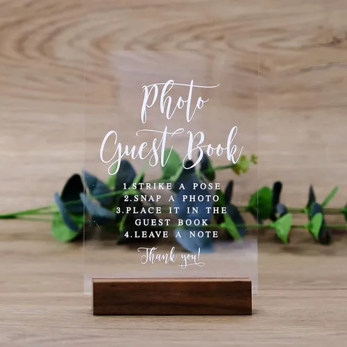 Vista 15 de Letrero de libro de invitados de audio para boda con soporte de madera - 5" x 7" aspecto de cristal transparente, letrero de libro de invitados