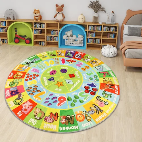 Vista 7 de Alfombra redonda de felpa ABC para niños, alfombra de juegos educativa esponjosa de 4 pies, alfombra de juego con forma de número del alfabeto