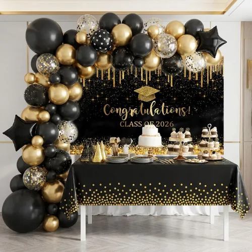 Vista 5 de Mocsicka Fondo de graduación de 7 x 5 pies 2026, decoraciones de graduación negro y dorado, pancarta de felicitaciones de graduación 2026, fondo