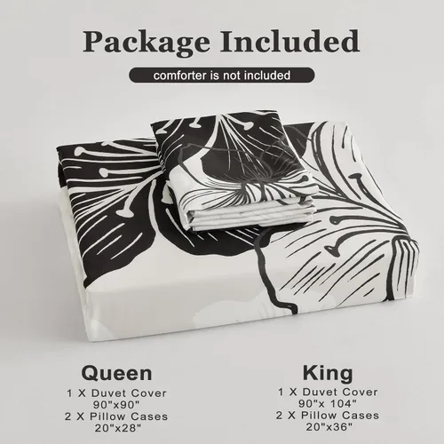 Vista 8 de DJY - Juego de funda de edredón de 3 piezas, tamaño queen, negro y blanco con patrón floral, elegante funda de edredón boho floral con 2 fundas