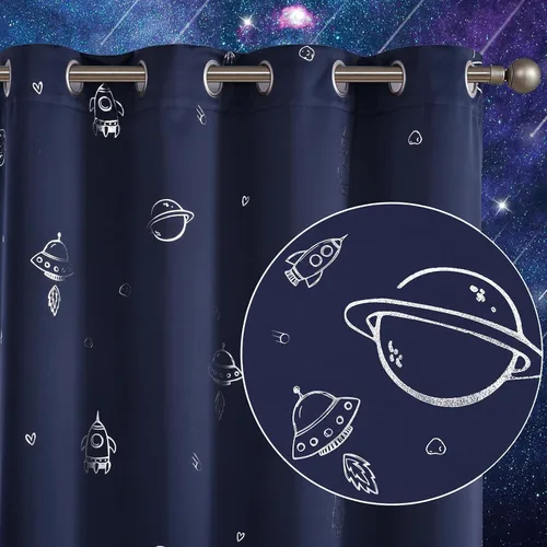 Vista 9 de Vangao Cortinas negras para niños, dormitorio de niños, cortinas opacas con temática espacial para habitación de niños, guardería, habitación
