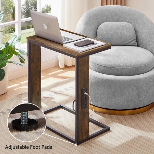 Vista 5 de Vagusicc Mesa auxiliar en forma de C con estación de carga, mesa auxiliar pequeña para sofá con salidas y puertos USB para sala de estar