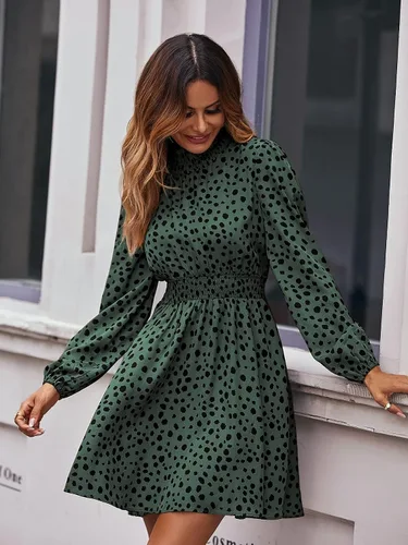Vista 4 de MakeMeChic Vestido de manga larga con cuello alto y estampado en toda la cintura elástica para mujer