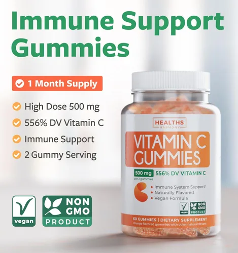 Vista 2 de Gomas veganas de vitamina C para adultos - Gomitas de apoyo inmunológico con vitamina C masticable de 500mg por porción para el bienestar diario