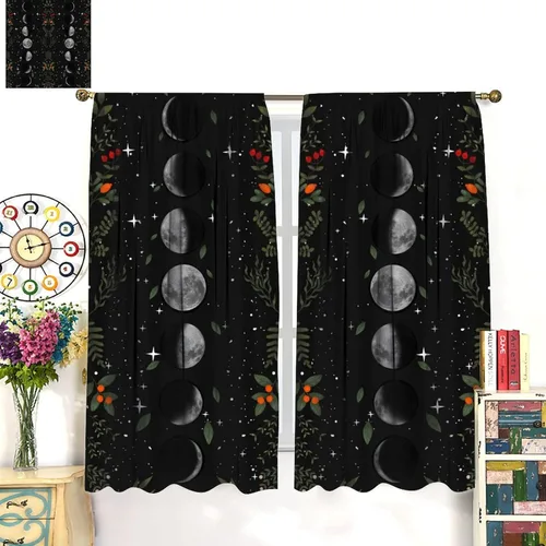 Vista 8 de Cortinas de Ventana Bohemias con Plantas Florales para Dormitorio de Niño y Niña, Cortinas de Ventana Góticas de Jardín Iluminado por la Luna
