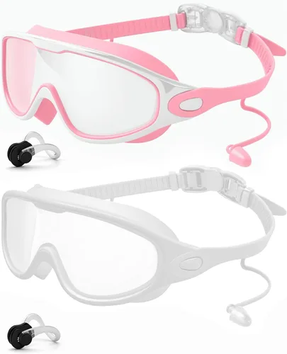Vista 13 de Swim Goggles 2 Pack, Wide View Anti Fog&UV Swimming Goggles for Audlt, No Leak Pool Beach Essentials for Men Women Azul claro y rosa espejado