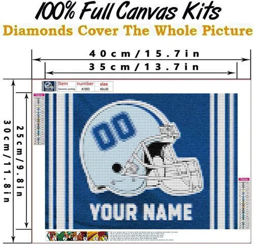 Vista 3 de Bysincy Pintura de diamantes de fútbol personalizada con nombre y número, pintura personalizada de bandera de fanáticos deportivos con casco, arte