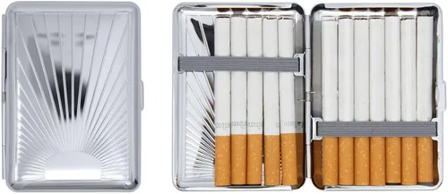 Vista 14 de Juego de 2 cajas de cigarrillos compactas chapadas en metal tamaño King con bandas elásticas (oro ovalado)
