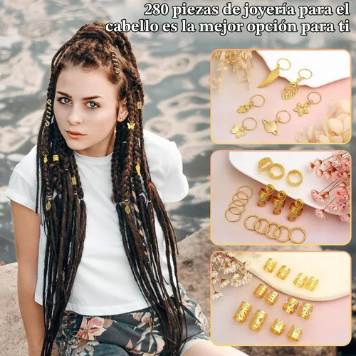 Vista 5 de 280 piezas de joyería para el cabello para mujer, dijes para el cabello, cuentas para trenzas, joyería para rastas, trenzas doradas ajustables
