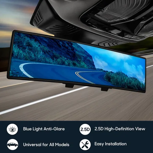 Vista 3 de Espejo retrovisor, Blu-Ray espejo de coche de 12 pulgadas antirreflejo, fácil de instalar, universal para todo el coche, gran angular panorámico