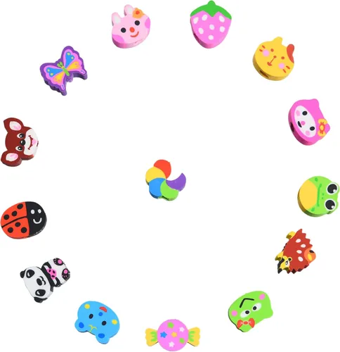 Vista 3 de QDXATIVP 28 lápices divertidos y lindos para niños, rayas coloridas con borradores de animales frutales surtidos, para escuela, oficina, aula