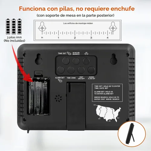 Vista 8 de WallarGe Self-Setting Atomic Digital Wall Clock with Auto DST Funciona con pilas, pantalla grande con temperatura, fecha y día, 4 zonas horarias