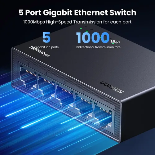 Vista 3 de UGREEN Interruptor Ethernet, Divisor Ethernet Gigabit de 5 Puertos, Conecta y Usa, Interruptor de Red para Pared y Escritorio, No Administrado
