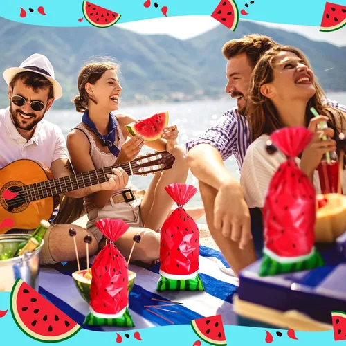 Vista 7 de 100 bolsas de sandía para dulces de celofán, bolsas de plástico de melón a granel con 200 lazos giratorios para regalo de fiesta de cumpleaños
