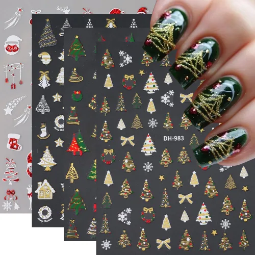 Vista 12 de Calcomanías de uñas de Navidad, calcomanías de uñas de invierno 3D, autoadhesivas, coloridas, cadena de luces, árbol de Navidad, reno, diseño