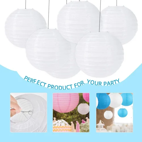Vista 6 de Faroles de papel decorativos redondos chinos para manualidades, 6 unidades, 8 pulgadas (blanco)
