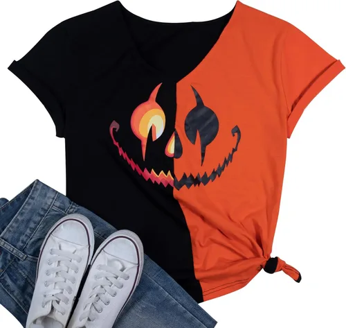Vista 2 de KIDDAD Camiseta de Halloween para mujer, camiseta divertida con estampado de cara de calabaza
