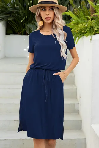 Vista 4 de levaca - Vestido casual para mujer con cordón ajustable para disimular el abdomen, altura a la rodilla