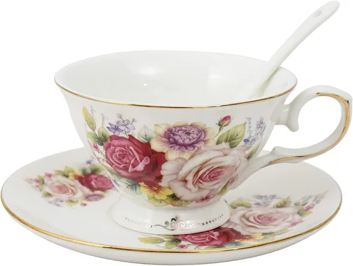 Vista 7 de Juegos de té de cerámica europeos de 15 piezas,Juego de café de porcelana de hueso con soporte de metal,Colorida rosa pintura calabaza café té