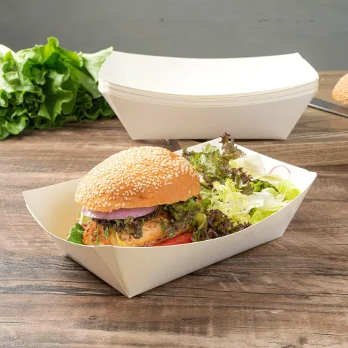 Vista 3 de Restaurantware Bio Tek - Botes de comida de 2 libras, 200 bandejas de papel desechables – Barcos de papel blanco resistentes a la grasa