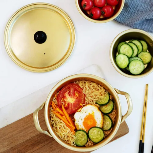 Vista 2 de Olla de fideos ramen de comida coreana, olla de fideos coreanos/olla de aluminio caliente Shin Ramyun de doble mango de aluminio amarillo coreano
