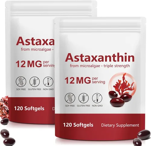 Vista 9 de Suplementos de astaxantina de 12 mg, suplemento antioxidante de astaxantina, 120 cápsulas blandas para suministro de 4 meses, microalgas naturales