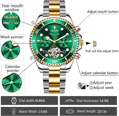 Vista 6 de OLEVS Reloj automático para hombres, reloj mecánico de cuerda automática, calendario para hombres, reloj de pulsera de acero inoxidable con esfera