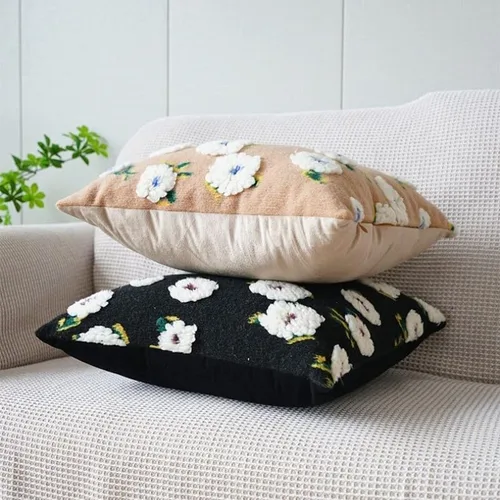 Vista 5 de Funda de almohada de forro polar bereber de gamuza de camelia, funda de cojín tridimensional con flores para sala de estar, sofá, oficina, Negro