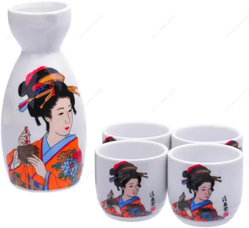 Vista 2 de M.V. Trading MSST37V - Juego de sake de cerámica con diseño de Gerisha, botella de 6 onzas / tazas de 2 onzas