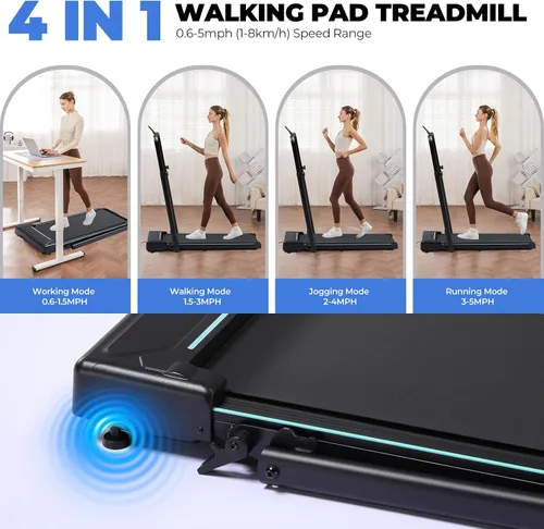 Vista 8 de GORISE Walking Pad Treadmill with Adjustable Height Handle Bar, 3HP Quiet Foldable Under Desk Treadmill, Portable Treadmills for Home 350LBS with