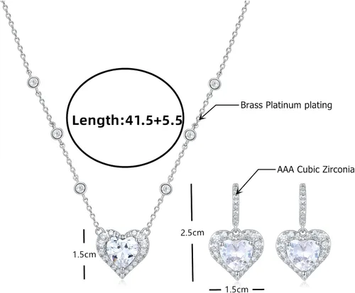 Vista 5 de Heart Pendant Necklace Earring Set for Women with Gift Box CZ Jewelry
