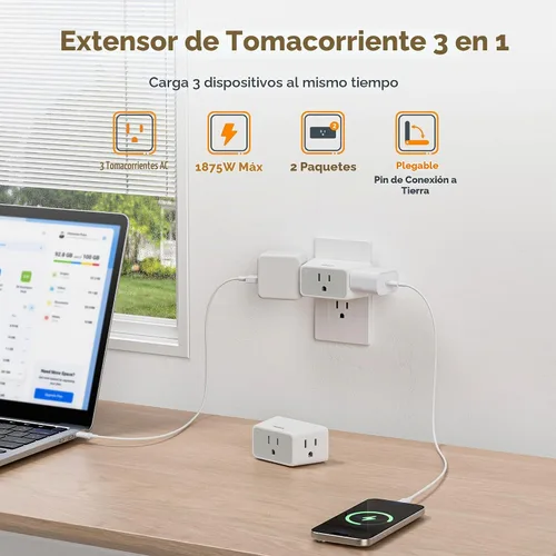 Vista 3 de TESSAN Extensor de toma de pared de enchufe múltiple, 2 paquetes