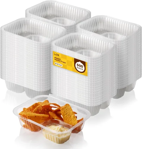 Vista 8 de Fit Meal Prep Paquete de 125 bandejas de plástico para nachos de 12 onzas, 2 compartimentos desechables para virutas y inmersiones, recipientes