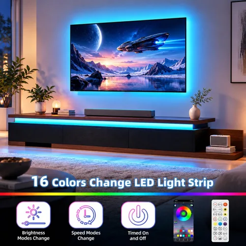 Vista 3 de Soporte de TV extensible con luces LED (80 a 106 pulgadas), consola de TV moderna con 3 cajones, centro de entretenimiento reversible de madera
