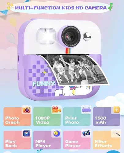 Vista 5 de Cámara de impresión instantánea, regalos de cumpleaños para niños y niñas, cámara de video digital HD 1080P para niños, juguetes para niñas de 4 a