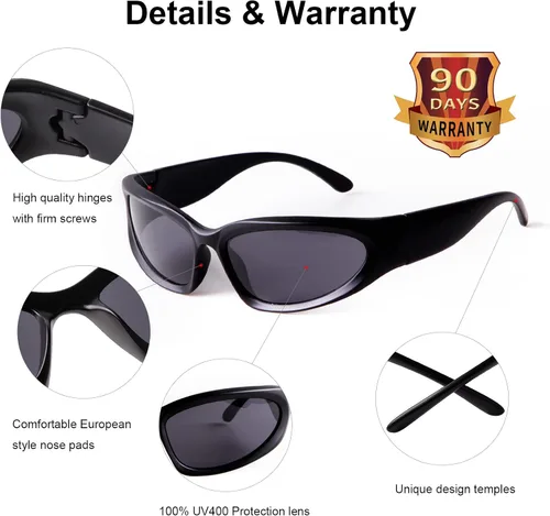 Vista 6 de SORVINO Gafas de sol de moda envolventes para hombres y mujeres, gafas de sol ovaladas deportivas de moda, gafas futuristas, Negro + Plateado