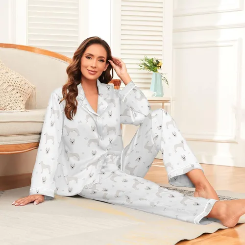 Vista 6 de Oarencol Women's Pajama Set Cute Dogo Argentino Dogs Long Sleeve Sleepwear Animal Paw Soft Satin Pjs Lounge Sets with Pockets